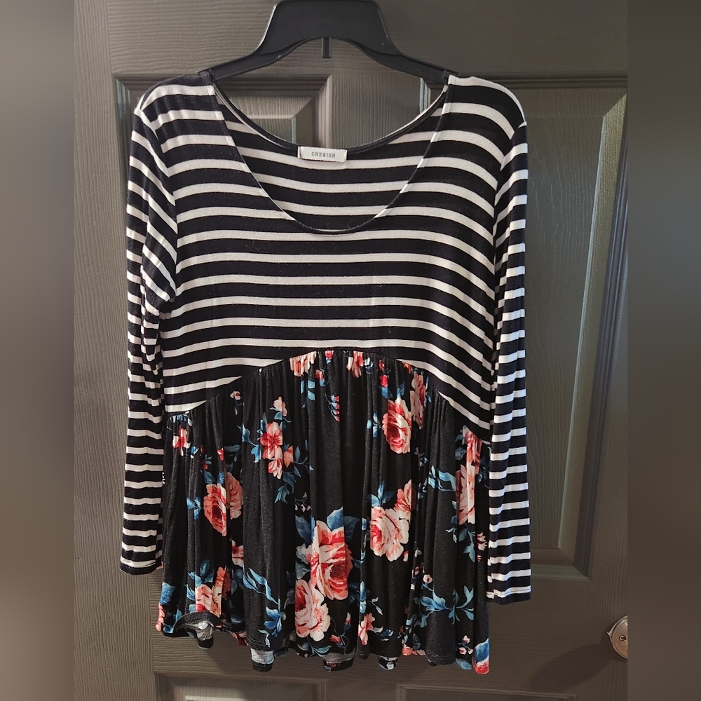 Floral and striped long sleeve top